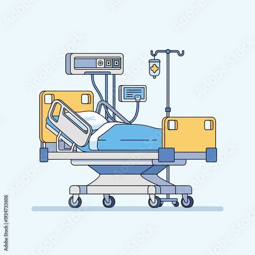Hospital Intensive Care Unit Depiction: Patient Bed With Vital Monitoring Equipment Illustration