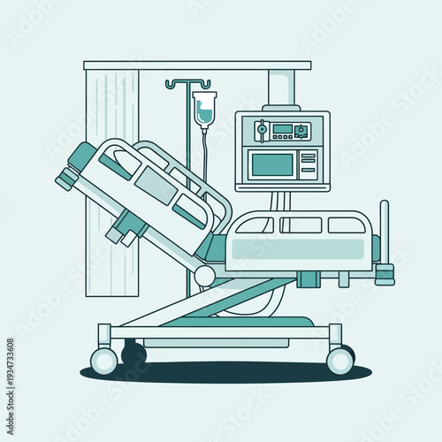 Hospital Equipment Illustration Depicting Advanced Medical Bed and Patient Monitoring Systems