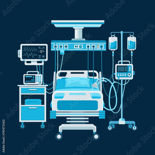 Hospital Intensive Care Unit Illustration: Modern Medical Equipment For Patient Monitoring And