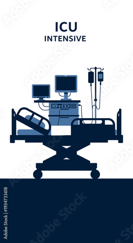Hospital Intensive Care Unit: Medical Equipment and Patient Bed in Silhouetted Illustration