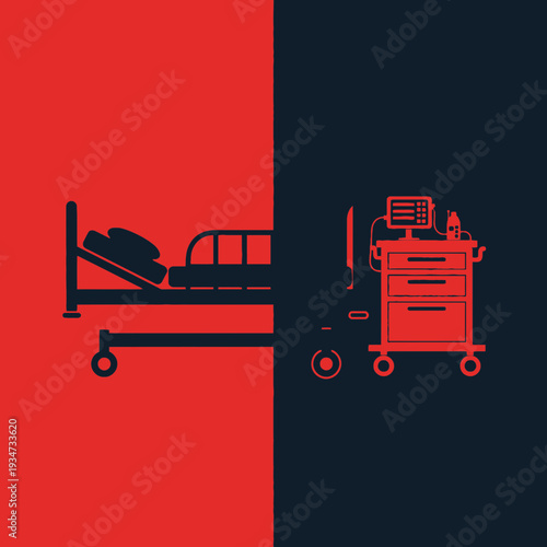Hospital Equipment Illustration Depicting Patient Bed and Medical Monitoring Device