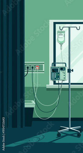 Hospital Interior Depicting Medical Equipment and Intravenous Drip System in A Sterile Environment