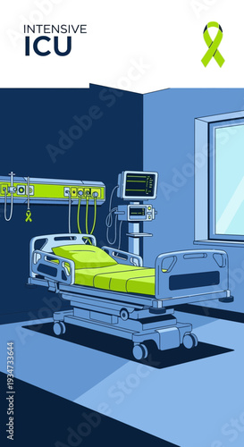 Hospital Intensive Care Unit: Medical Equipment and Patient Bed in Modern Setting