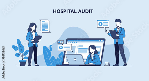 Hospital Evaluation Team Performing Medical Audit on Digital Platform For Healthcare Analysis