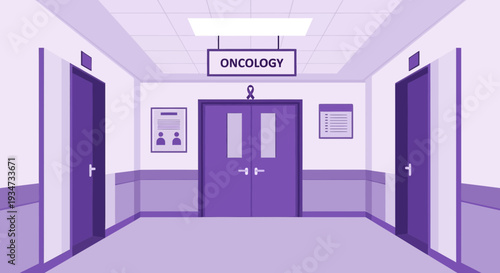 Hospital Interior Depicting Oncology Section with Elevators and Doors in Purple Tones