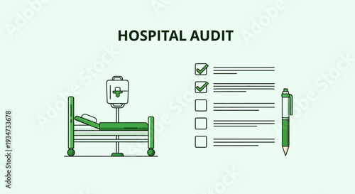 Hospital Evaluation: Review Process Depicting Healthcare Checklists and Medical Bed Illustrations