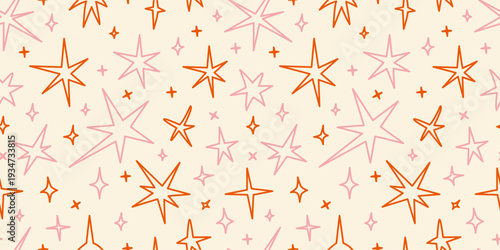 Seamless pattern with Scribble star shapes in hand drawn messy style. Playful sketchy outline sparkle for decorative and creative design. Trendy modern vector illustration on light background