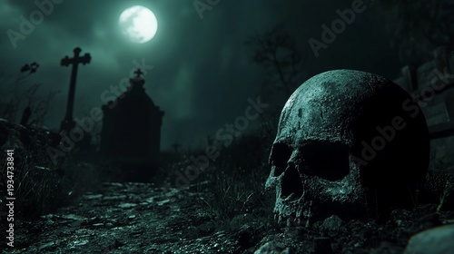 Eerie moonlit cemetery with skull and tombstones