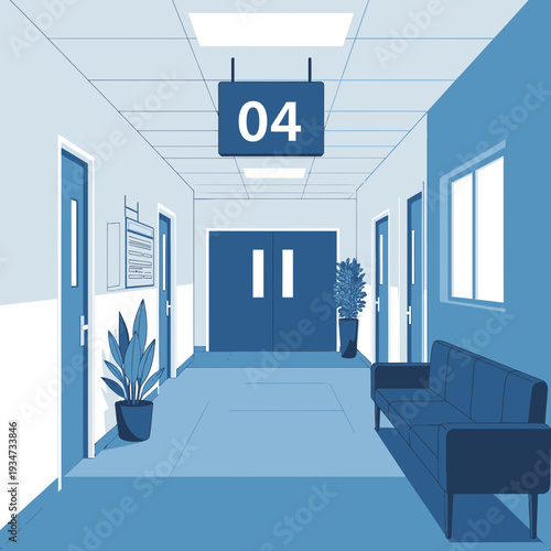 Hospital Interior Perspective: Corridor With Waiting Area and Room Signage, Modern Architecture