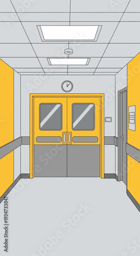 Hospital Interior Perspective: Corridor With Bright Yellow Doors, Clinical and Contemporary Design