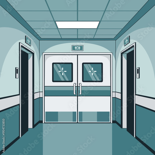 Hospital Interior Perspective: Corridor With Elevator Doors And Directional Signage Illustration