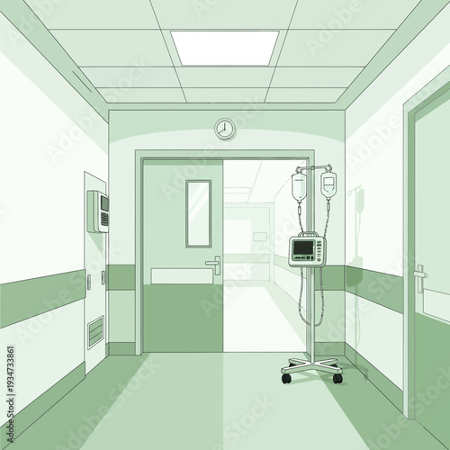Hospital Interior Perspective Depicting A Clean Corridor With Medical Equipment For Healthcare