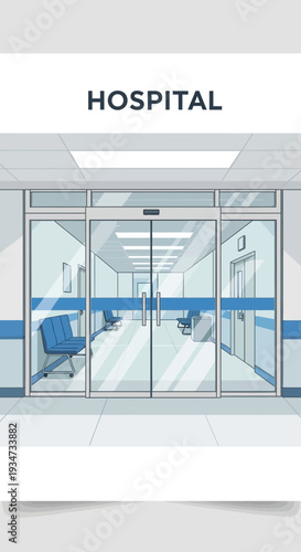 Hospital Interior Perspective Featuring Corridor, Doors, Waiting Area, and Modern Architectural