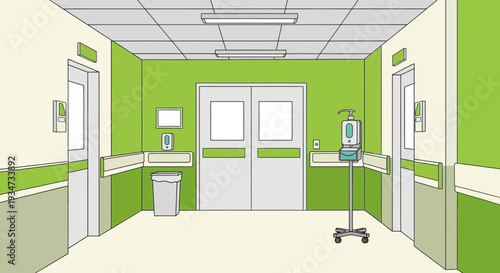 Hospital Interior Perspective Featuring Doors, Elevators, Hand Sanitizer, and Waste Receptacle