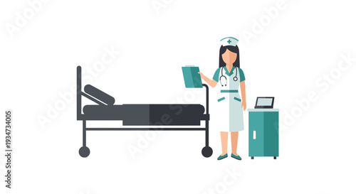 Hospital Nurse Checking Medical Records Near a Patient Bed in a Clean Modern Room