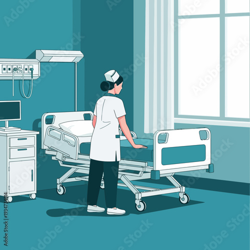 Hospital Nurse In Uniform Ready To Assist Patient In Modern Bright Medical Room