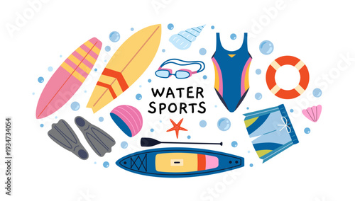 Round composition with Water sports equipment like surfboard, swimsuit, flippers and paddle board. Summer aquatic gear. Trendy modern vector illustration isolated on white, hand drawn, flat design