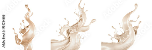 Set of realistic beige cosmetic cream or milk tea splashes isolated on white background