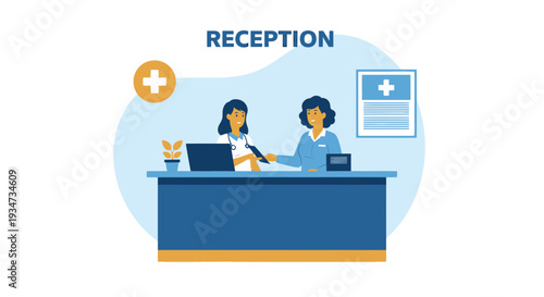 Hospital Reception Desk Illustration Depicting Healthcare Professionals and Administrative Tasks
