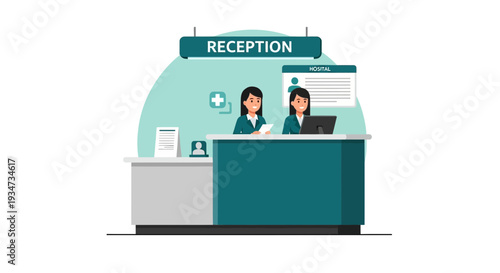 Hospital Reception Desk Illustration Depicting Healthcare Staff Assisting Patients and Visitors