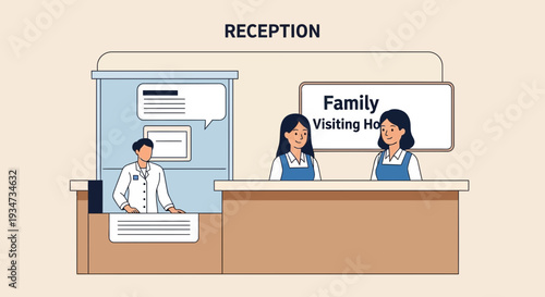 Hospital Reception Desk Illustration Depicting Medical Staff and Administrative Services