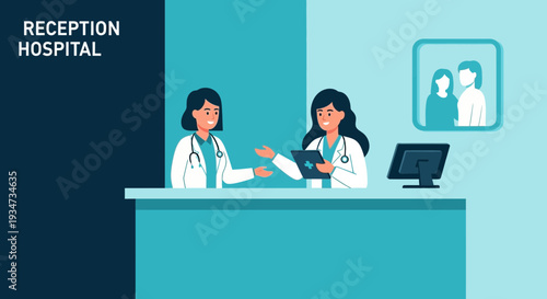 Hospital Reception Desk Illustration Depicting Medical Staff Interacting With Patients