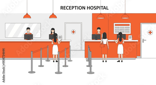 Hospital Reception Desk Illustration Depicting Patient Interactions and Administrative Functions