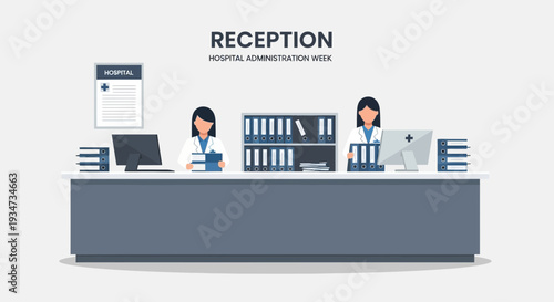 Hospital Reception Desk Illustration Featuring Female Doctors, Healthcare, And Medical Week