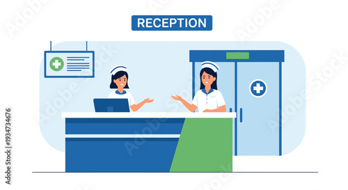 Hospital Reception Desk Illustration Featuring Nurses, Service, Healthcare, and Medical Assistance