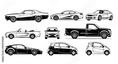 Collection of various car illustrations in black and white, side views and perspectives.