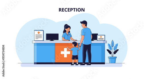 Hospital Reception Illustration: Healthcare, Family, And Medical Assistance Visualization