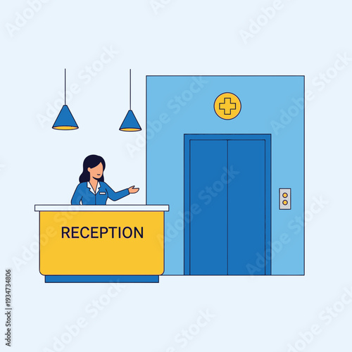 Hospital Reception Illustration: Welcoming Female Staff Member at the Front Desk With Elevator