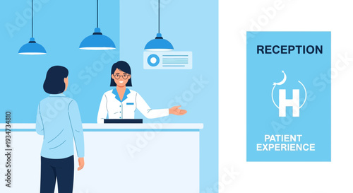 Hospital Receptionist Welcoming Patient For Healthcare Services in Modern Illustration Style