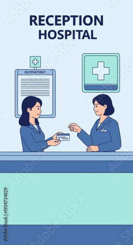 Hospital Reception Interaction Depicting Healthcare Staff Assisting a Patient with Modern