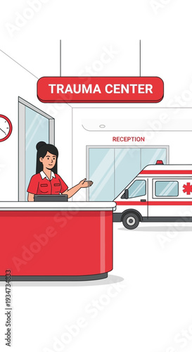 Hospital Receptionist Welcoming Patients Near Ambulance at the Emergency Trauma Center