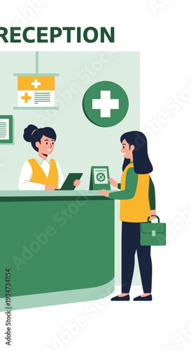 Hospital Reception Interaction Depicting Patient Check-In And Information Access in Modern