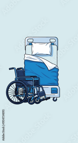 Hospital Recovery Depiction: Bed and Wheelchair Illustration for Healthcare and Medical Purposes