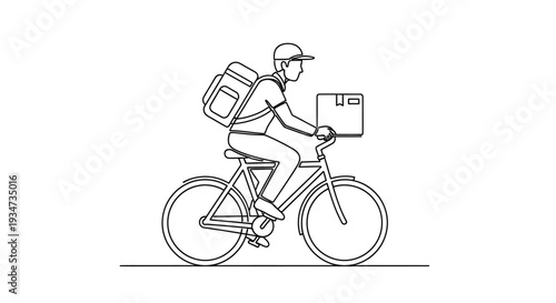 Delivery man riding bicycle with package.