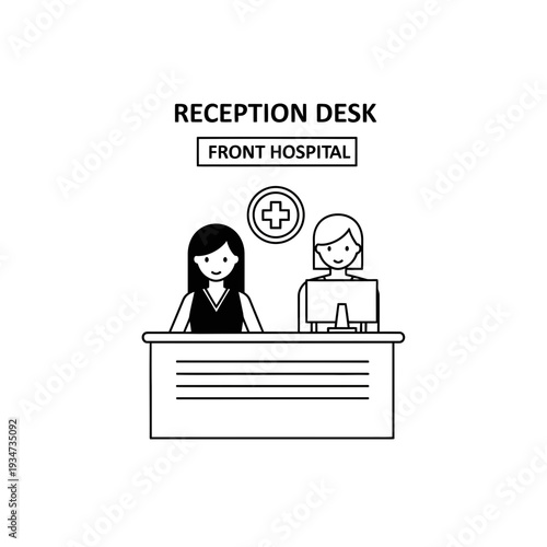 Hospital Reception Staff at Counter Providing Customer Support and Welcoming Visitors Patient Care