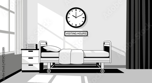 Hospital Room Depicting a Patient's Bed and a Clock, Illustrating Time and Recovery