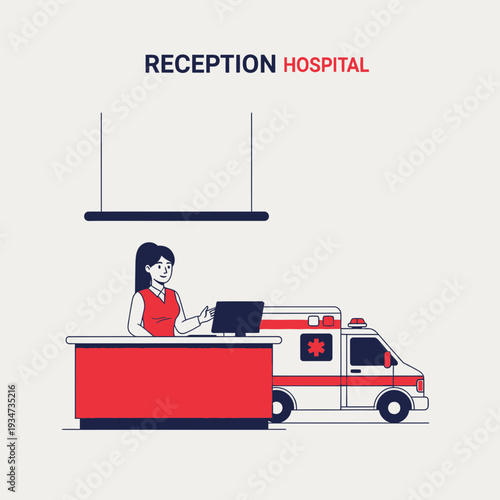Hospital Receptionist at Desk with Ambulance Ready for Emergency Response and Care
