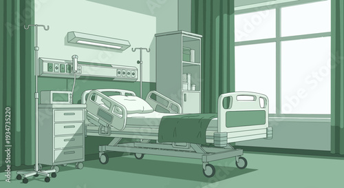 Hospital Room Depicting Medical Equipment And A Patient Bed In Vector Illustration