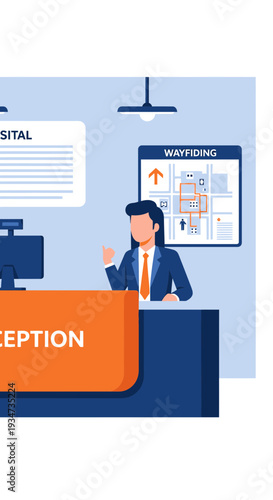 Hospital Receptionist at The Front Desk Pointing, Wayfinding, Information and Direction