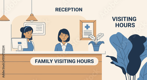 Hospital Reception With Staff and Family Visiting Hours Information Graphic Design