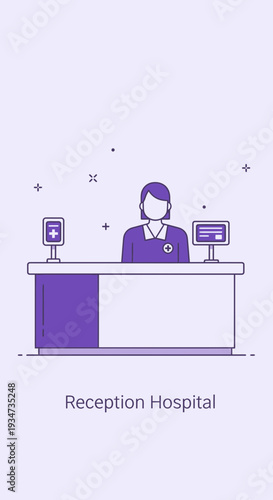 Hospital Receptionist At A Modern Desk: Clean Healthcare Illustration With Minimalist Design