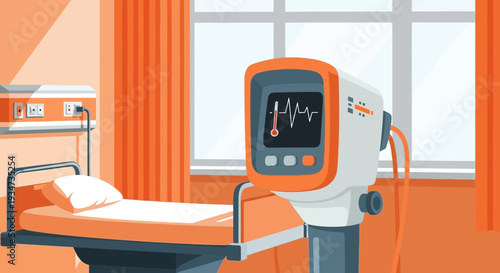 Hospital Room Depicting Medical Equipment and Patient Bed with Orange and White Hues