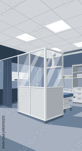 Hospital Room Depicting Modern Healthcare Technology and Patient Isolation Procedures
