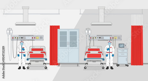Hospital Room Depicting Medical Personnel And Beds During A Global Pandemic Situation
