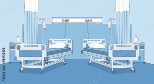 Hospital Room Depicting Two Beds With Medical Equipment and Drip Lines in Blue Tone