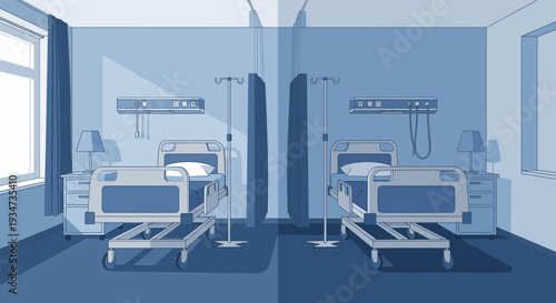 Hospital Room Depicting Two Beds Separated By Curtains In a Monochromatic Scheme